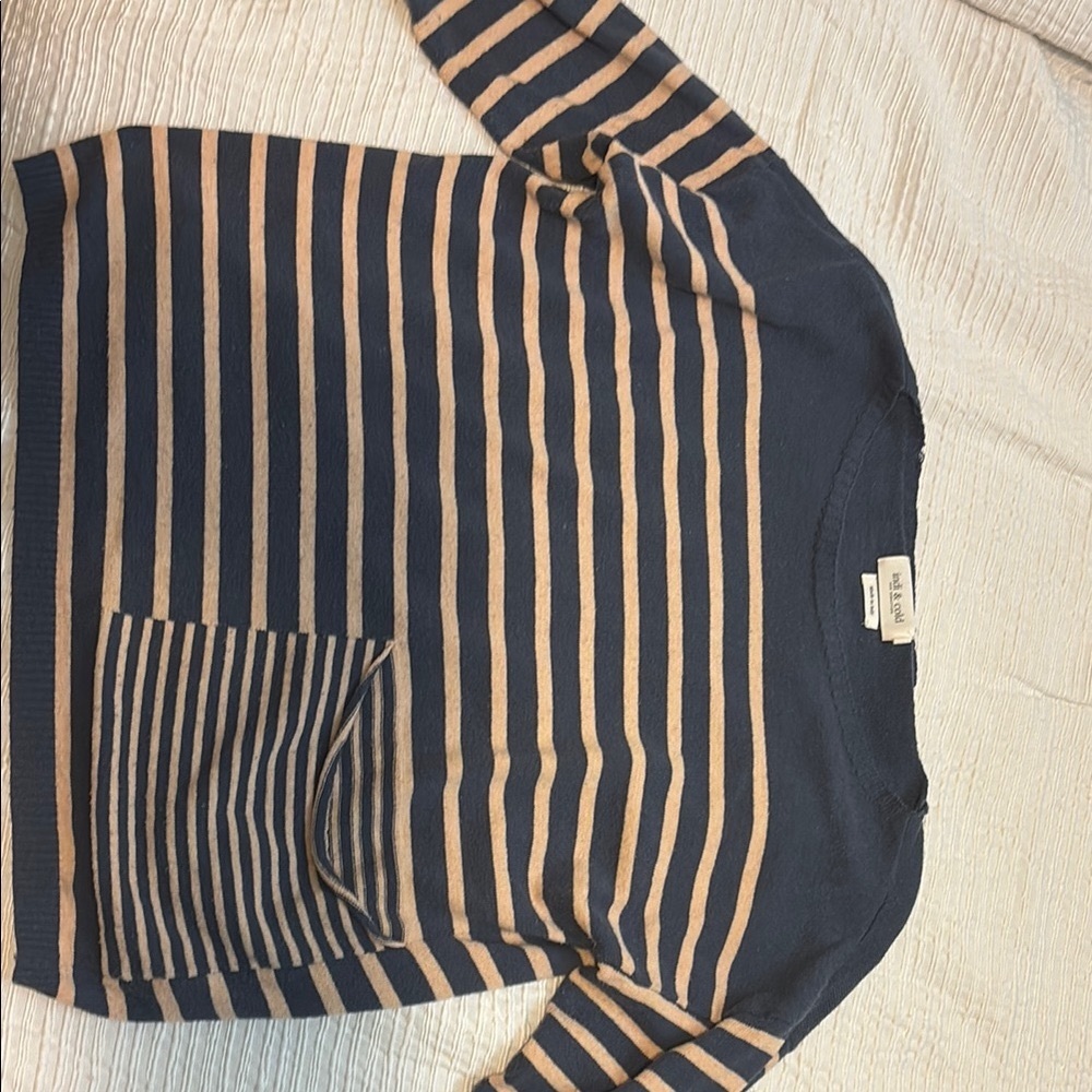 Blue and Tan Striped Crew Neck Sweater